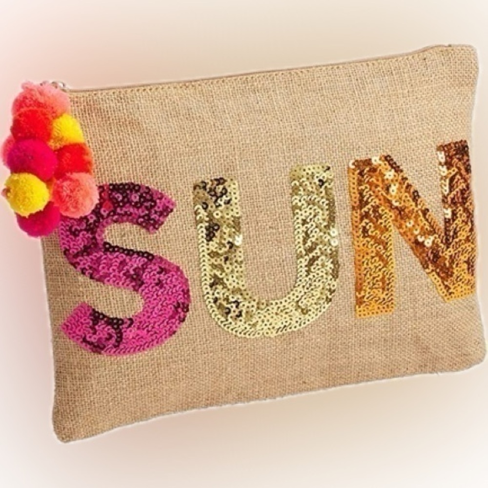 Mud Pie SUN Women’s Fashion 12″ x 9″ Sequin Jute Case WITH POM POM TASSEL